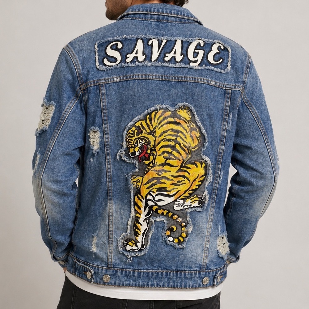 Victorious Savage Tiger Distressed Denim Jacket Mens S Graphic Streetwear Y2K